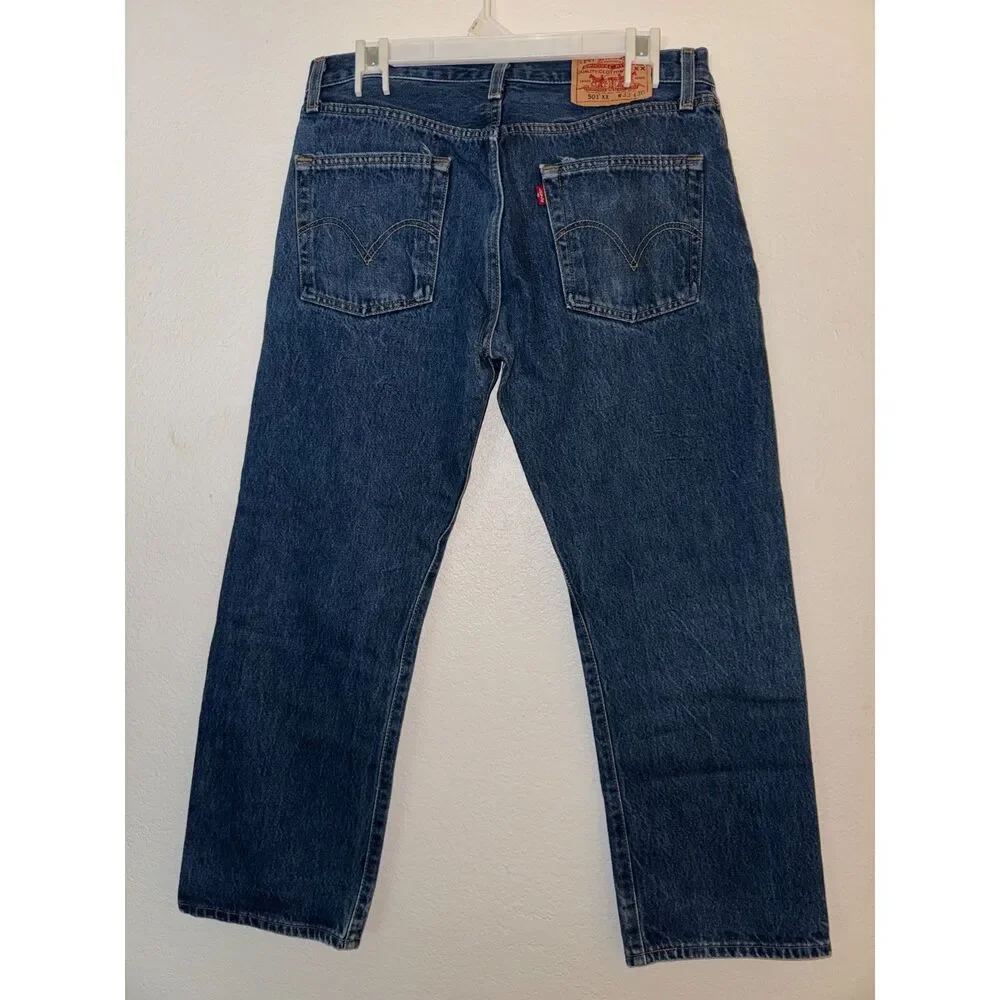 Vintage Levi's 501xx Mens W33 100% Cotton Dark Wash Button Fly Jeans (Hemmed)